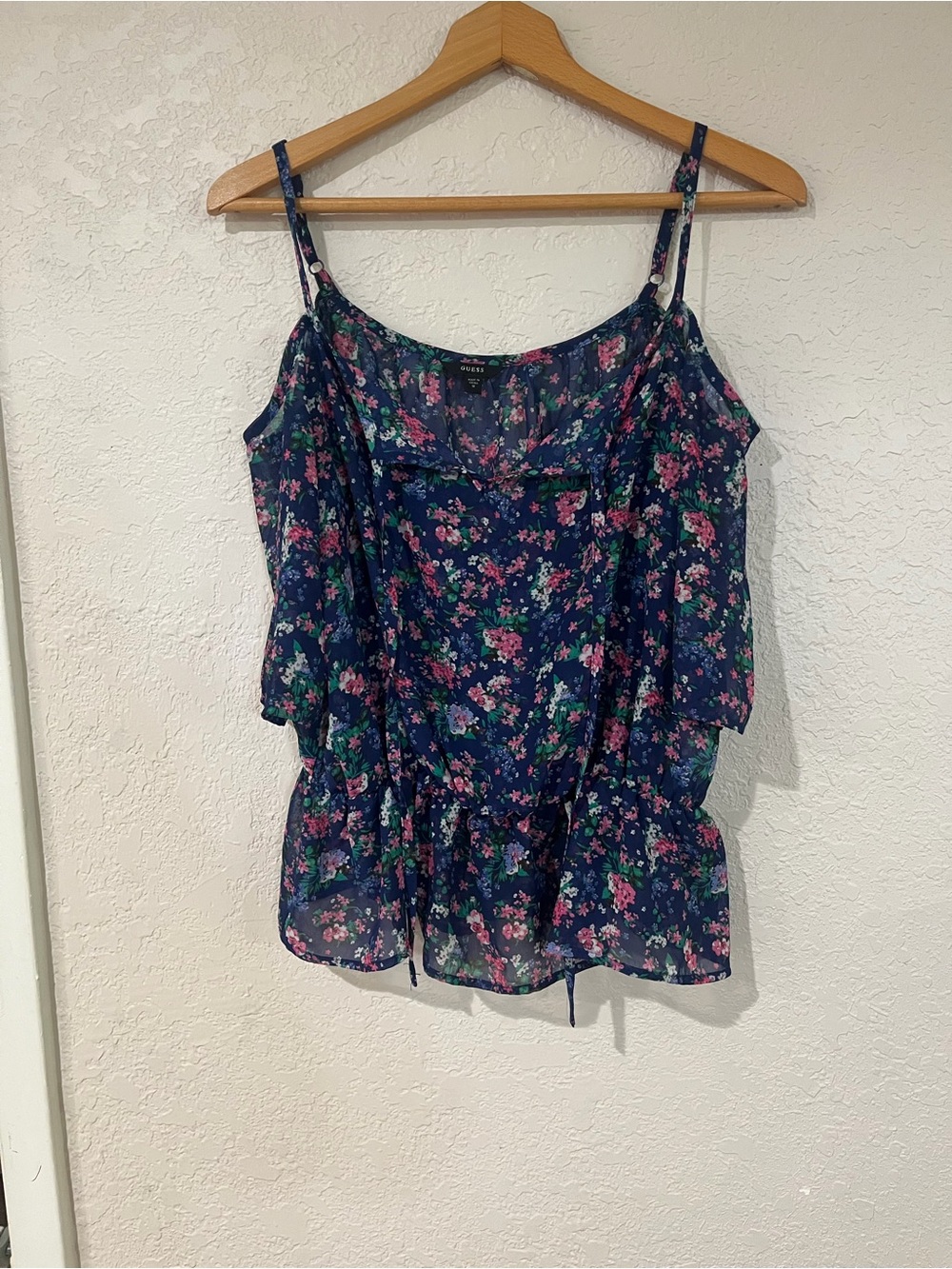 Guess Floral Navy Cold-Shoulder Cami with Pink & Green Accents